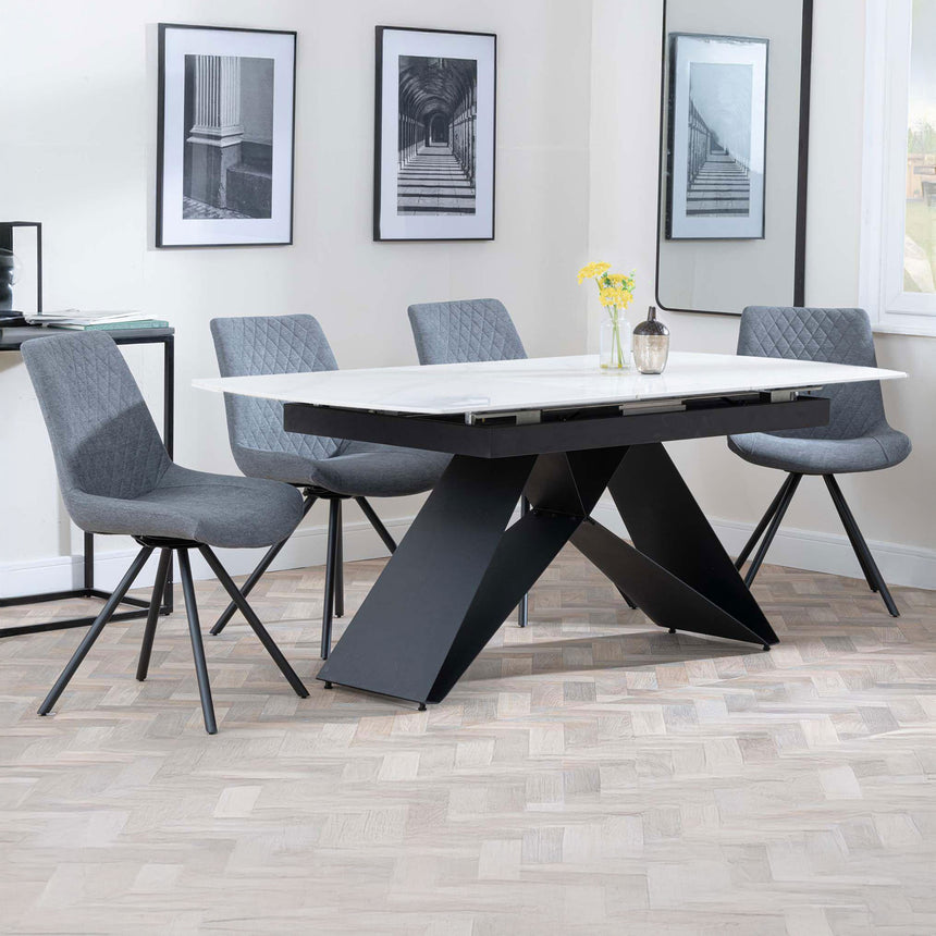 Alice White Ceramic Extending Dining Set - Messina Fabric Swivel Dining Chair