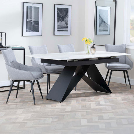 Alice White Ceramic Extending Dining Set - Torres Fabric Swivel Dining Chair