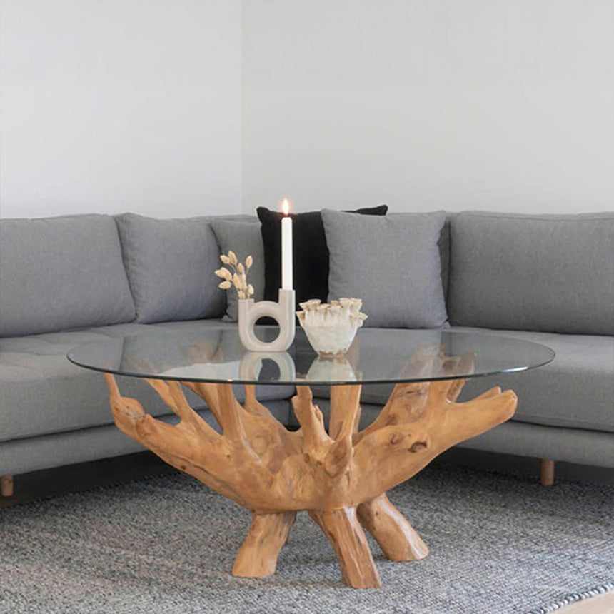 Amazonas Glass and Teak Root Round Coffee Table