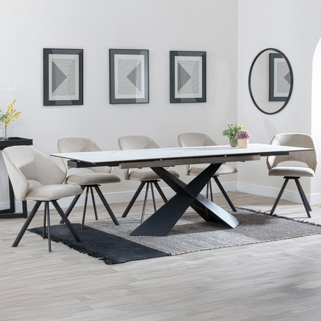 Amber White Ceramic Extending Dining Set - Burano Velvet Fabric Swivel Dining Chair