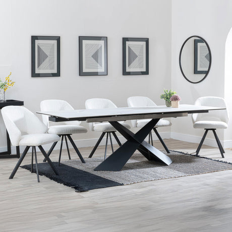 Amber White Ceramic Extending Dining Set - Burano Velvet Fabric Swivel Dining Chair