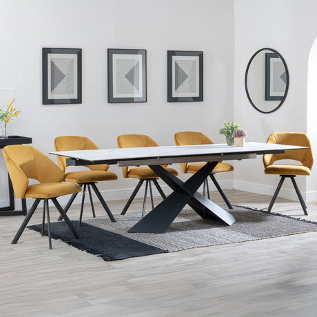Amber White Ceramic Extending Dining Set - Burano Velvet Fabric Swivel Dining Chair