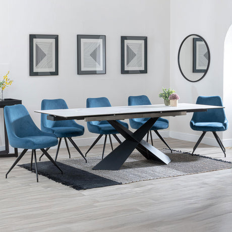 Amber White Ceramic Extending Dining Set - Diana Velvet Fabric Swivel Dining Chair