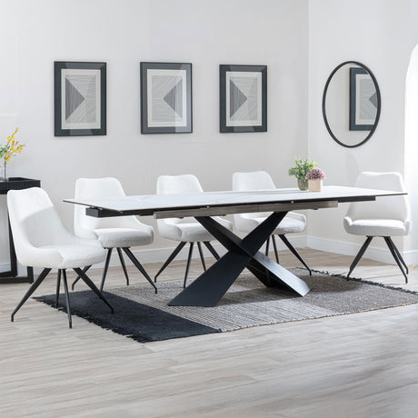 Amber White Ceramic Extending Dining Set - Diana Velvet Fabric Swivel Dining Chair