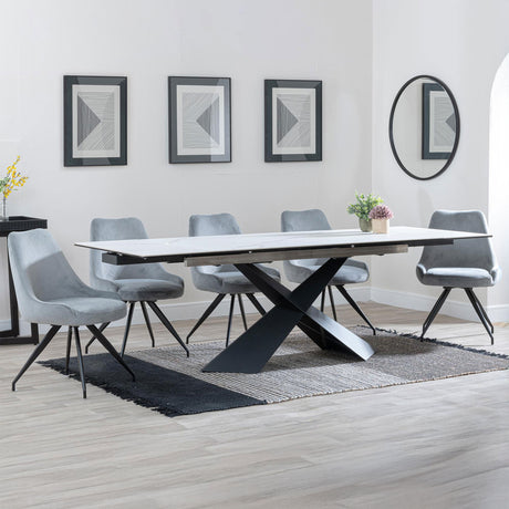 Amber White Ceramic Extending Dining Set - Diana Velvet Fabric Swivel Dining Chair