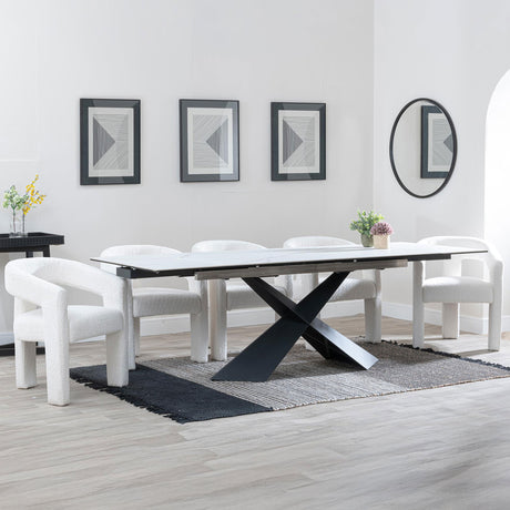 Amber White Ceramic Extending Dining Set - Killen Boucle Fabric Dining Chair