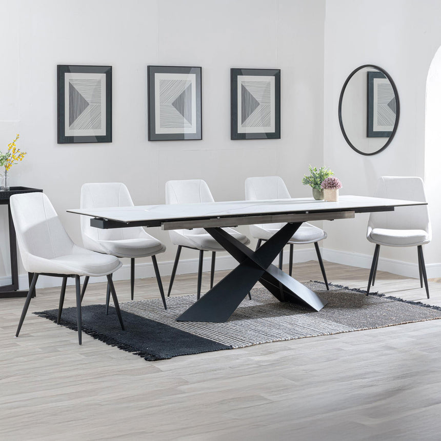 Amber White Ceramic Extending Dining Set - Rovereto Fabric Dining Chair