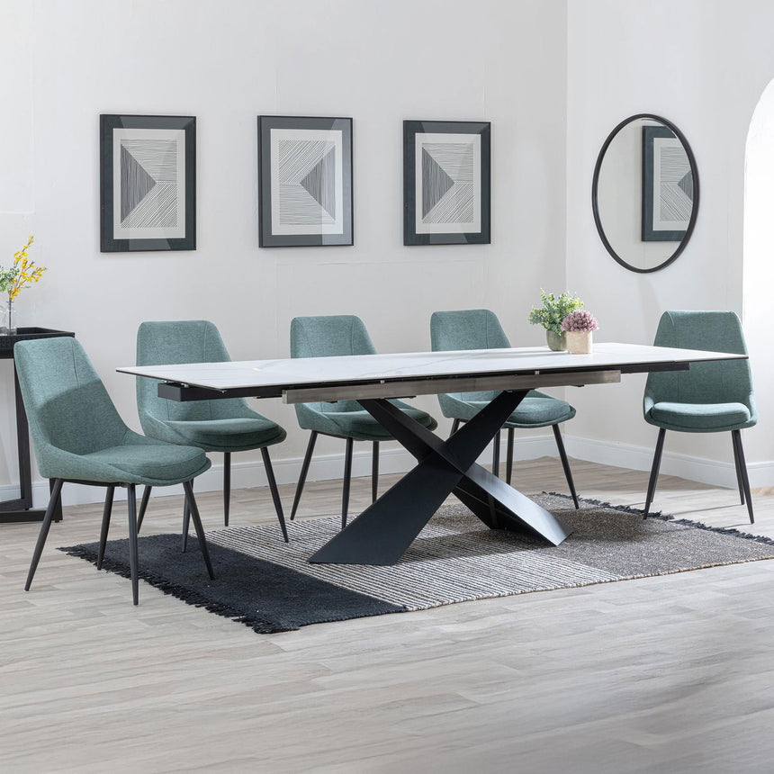 Amber White Ceramic Extending Dining Set - Rovereto Fabric Dining Chair