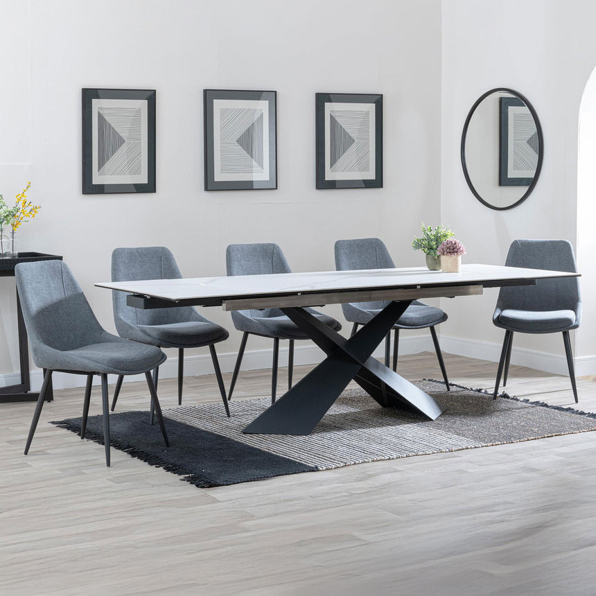 Amber White Ceramic Extending Dining Set - Rovereto Fabric Dining Chair