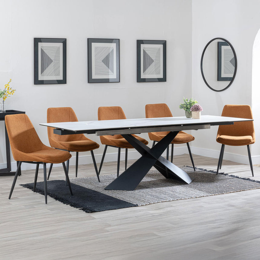 Amber White Ceramic Extending Dining Set - Rovereto Fabric Dining Chair