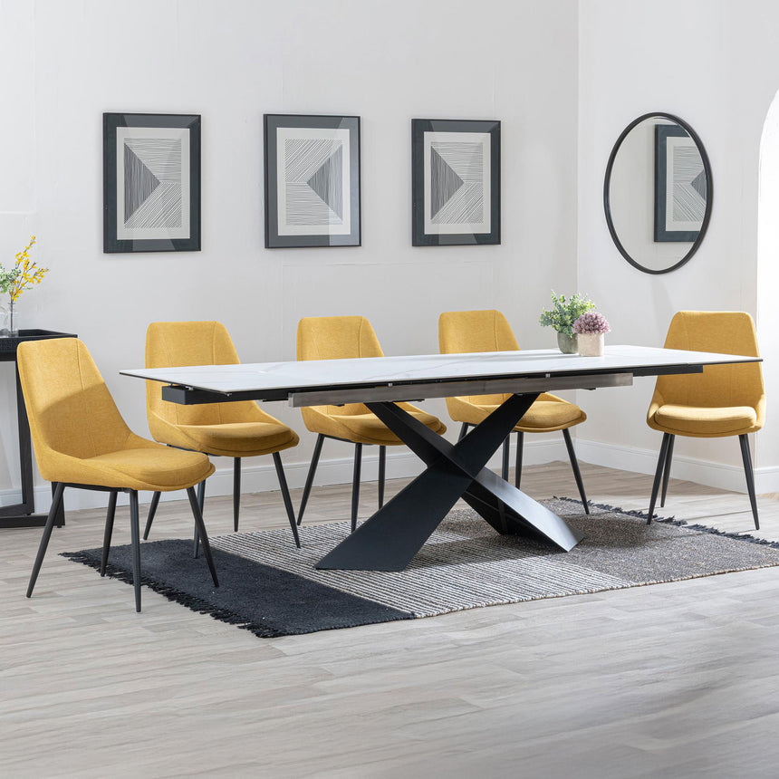 Amber White Ceramic Extending Dining Set - Rovereto Fabric Dining Chair