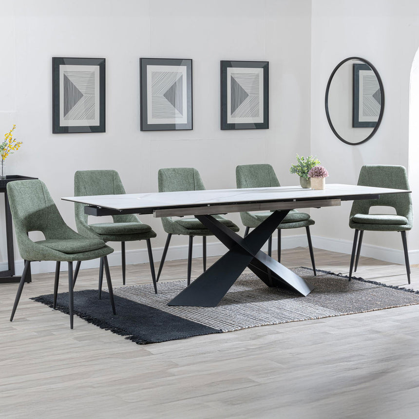 Amber White Ceramic Extending Dining Set - Stansbury Fabric Dining Chair