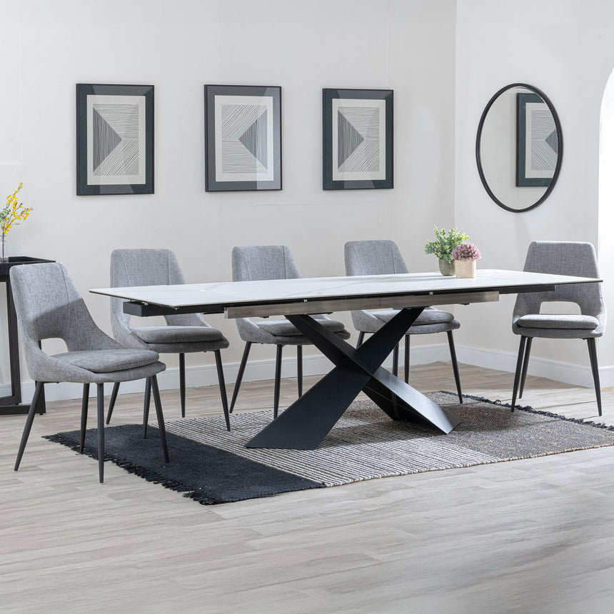 Amber White Ceramic Extending Dining Set - Stansbury Fabric Dining Chair