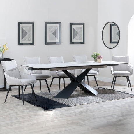 Amber White Ceramic Extending Dining Set - Torres Fabric Swivel Dining Chair