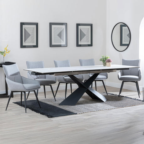 Amber White Ceramic Extending Dining Set - Torres Fabric Swivel Dining Chair