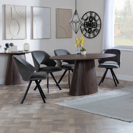 Andria Walnut Oval Dining Set - Burano Velvet Fabric Swivel Dining Chair