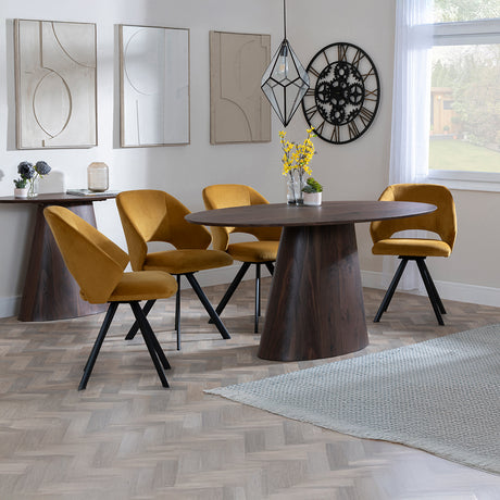 Andria Walnut Oval Dining Set - Burano Velvet Fabric Swivel Dining Chair
