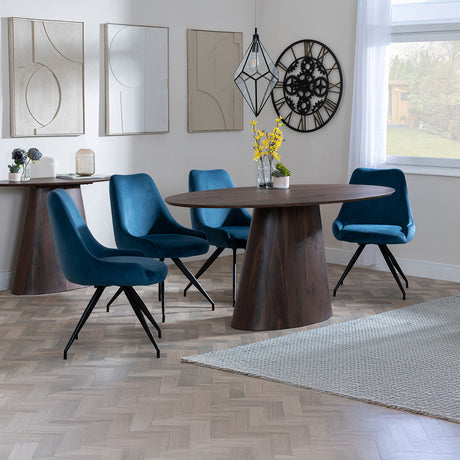 Andria Walnut Oval Dining Set - Diana Velvet Fabric Swivel Dining Chair