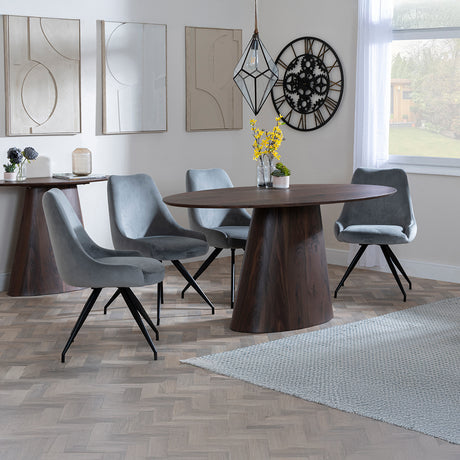 Andria Walnut Oval Dining Set - Diana Velvet Fabric Swivel Dining Chair