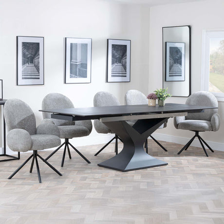 Bronte Black Ceramic Extending Dining Set - Altavista Grey Fabric Swivel Dining Chair
