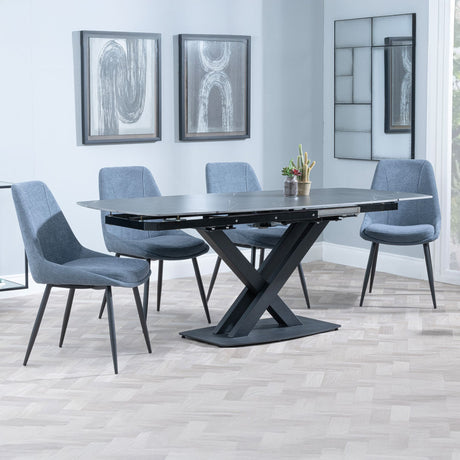 Comiso Black Ceramic Swivel Top Extending Dining Set - Rovereto Grey Fabric Dining Chair