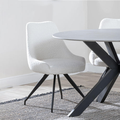 Arctic Cream Boucle Fabric Swivel Dining Chair with Black Legs