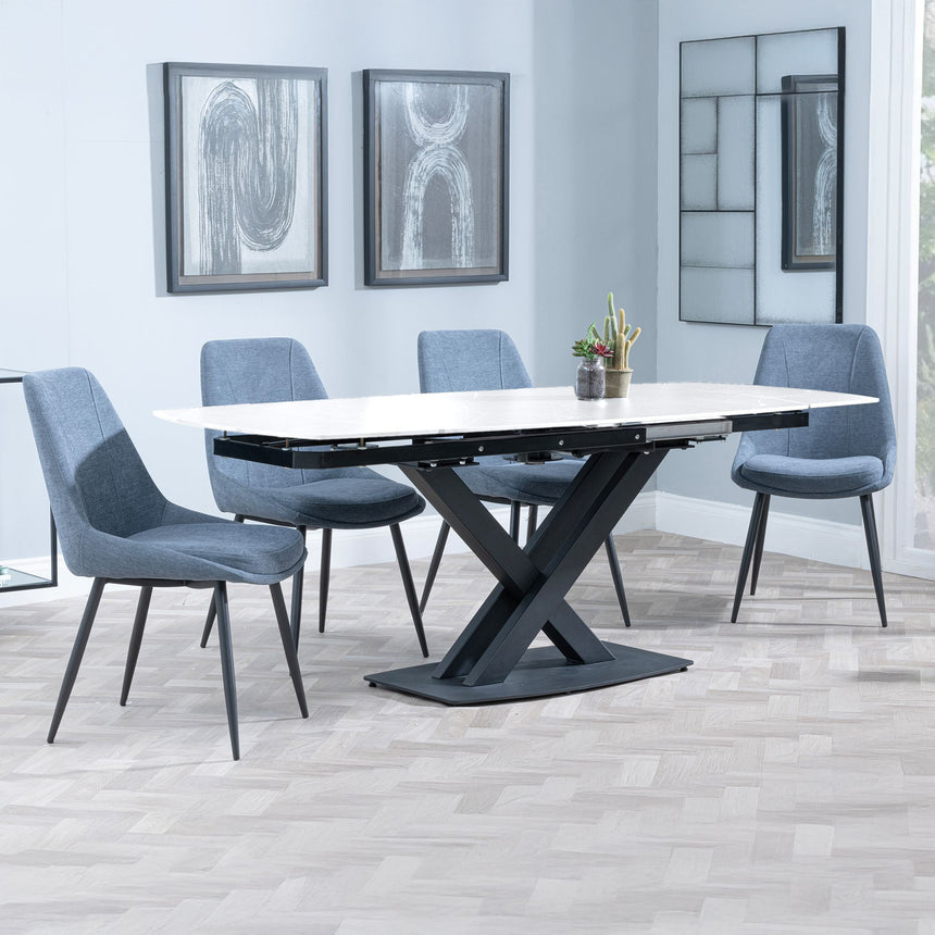 Comiso White Ceramic Swivel Top Extending Dining Set - Rovereto Grey Fabric Dining Chair
