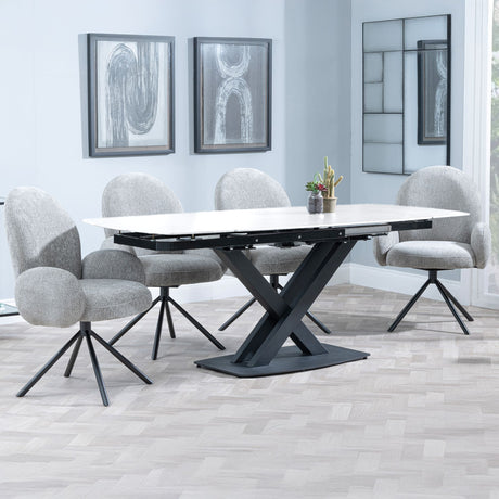 Comiso White Ceramic Swivel Top Extending Dining Set - Altavista Grey Fabric Swivel Dining Chair