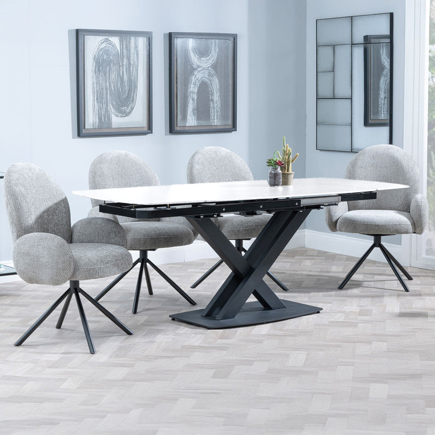 Comiso White Ceramic Swivel Top Extending Dining Set - Altavista Grey Fabric Swivel Dining Chair