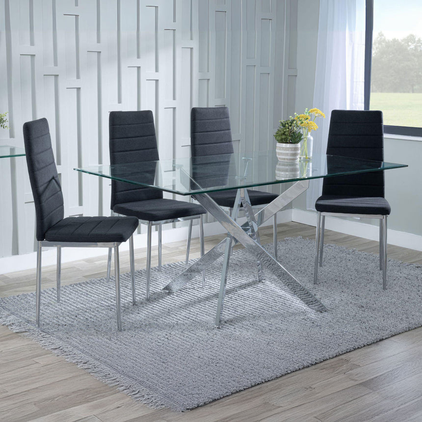 Ashley Clear Glass and Chrome Metal Dining Set - Rovigo Fabric Dining Chair with Chrome Legs