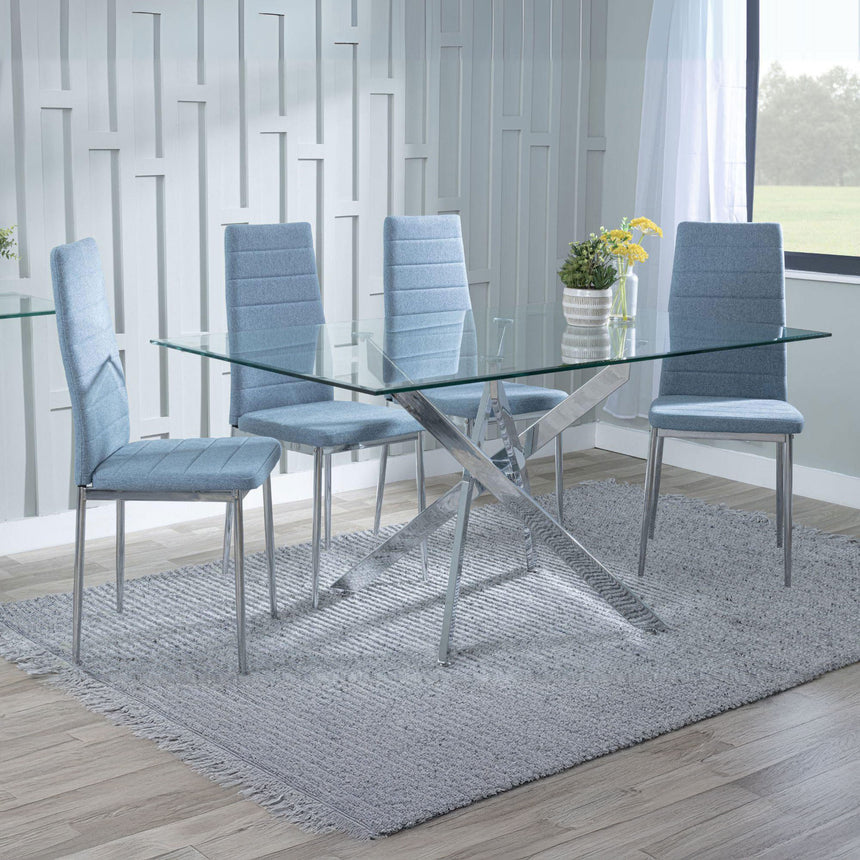 Ashley Clear Glass and Chrome Metal Dining Set - Rovigo Fabric Dining Chair with Chrome Legs