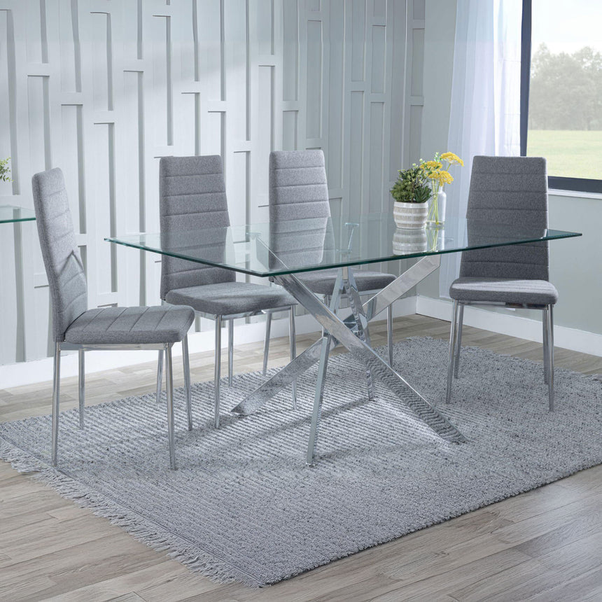 Ashley Clear Glass and Chrome Metal Dining Set - Rovigo Fabric Dining Chair with Chrome Legs