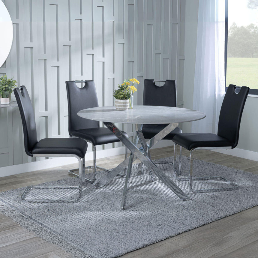 Ashley Grey Glass and Chrome Metal 4 Seater Round Dining Set - Marsala Faux Leather Dining Chair