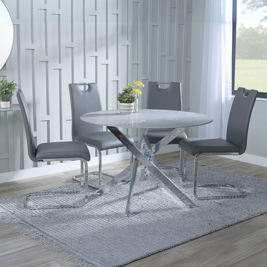 Ashley Grey Glass and Chrome Metal 4 Seater Round Dining Set - Marsala Faux Leather Dining Chair