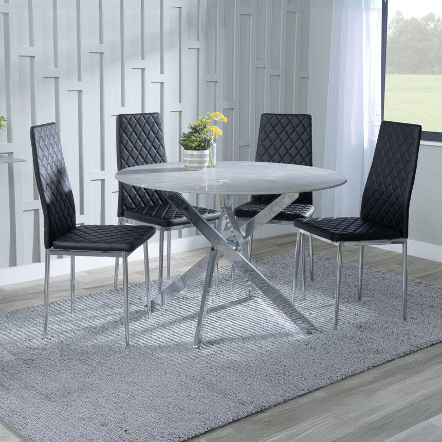 Ashley Grey Glass and Chrome Metal 4 Seater Round Dining Set - Novato Leather Dining Chair with Chrome Legs