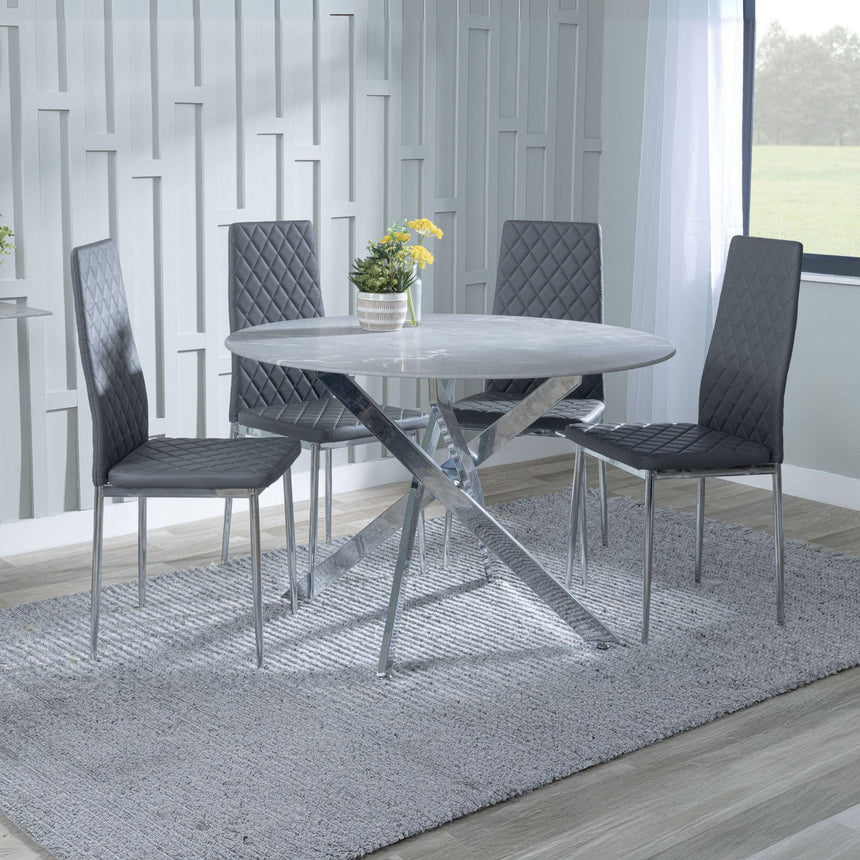 Ashley Grey Glass and Chrome Metal 4 Seater Round Dining Set - Novato Leather Dining Chair with Chrome Legs