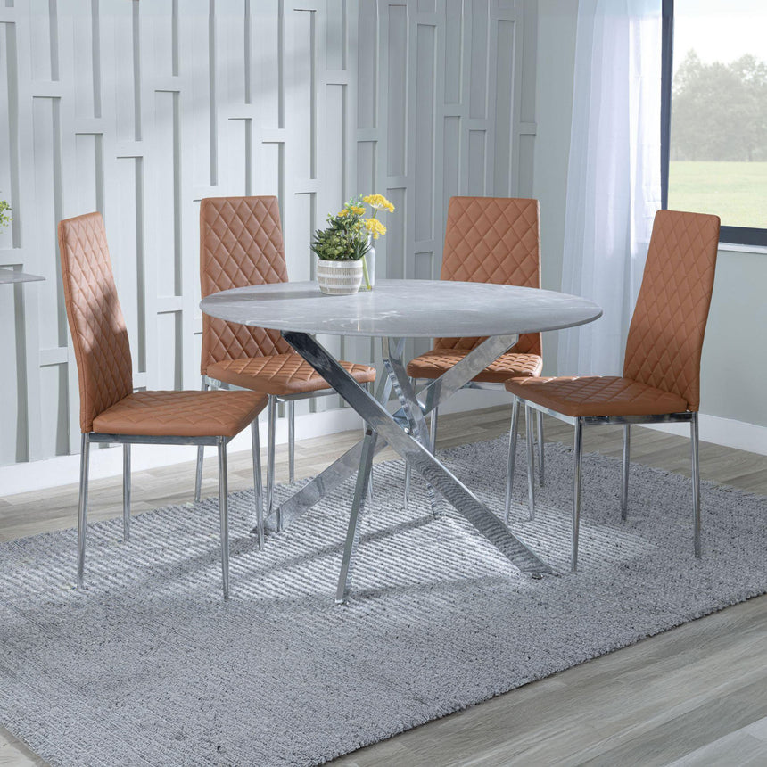 Ashley Grey Glass and Chrome Metal 4 Seater Round Dining Set - Novato Leather Dining Chair with Chrome Legs