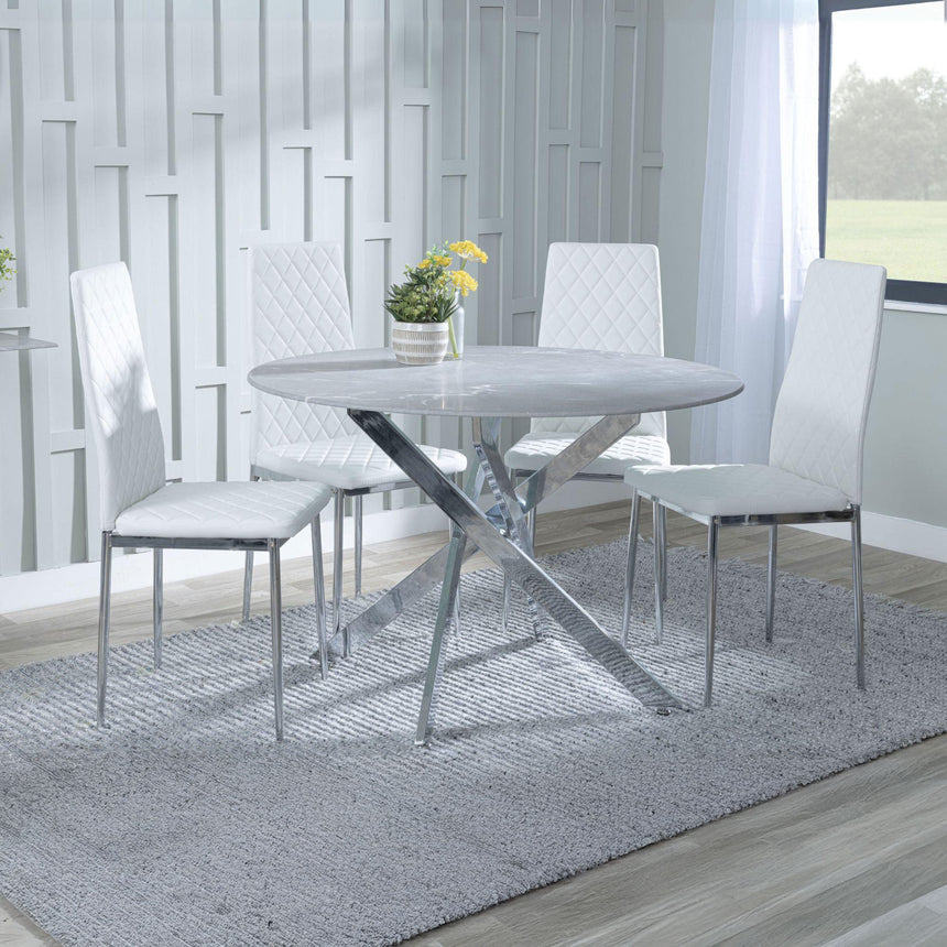 Ashley Grey Glass and Chrome Metal 4 Seater Round Dining Set - Novato Leather Dining Chair with Chrome Legs