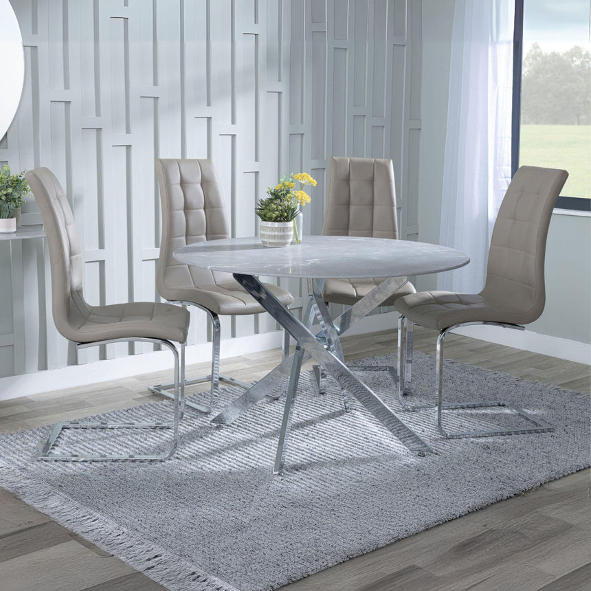 Ashley Grey Glass and Chrome Metal 4 Seater Round Dining Set - Padua Faux Leather Dining Chair
