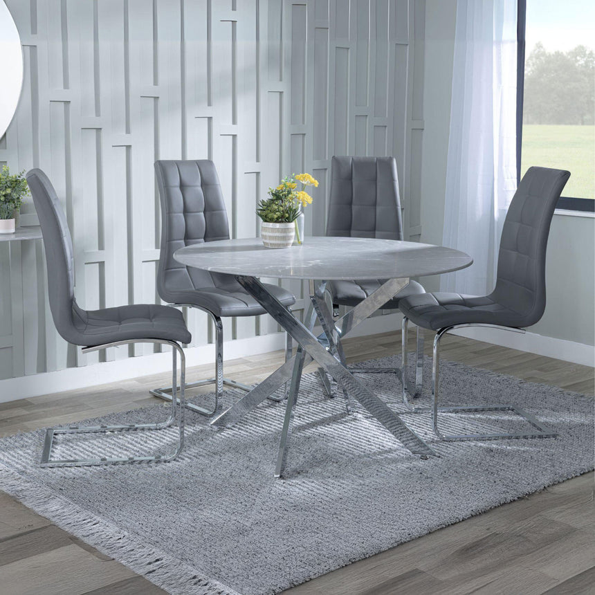 Ashley Grey Glass and Chrome Metal 4 Seater Round Dining Set - Padua Faux Leather Dining Chair