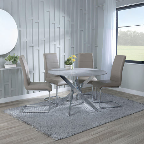 Ashley Grey Glass and Chrome Metal 4 Seater Round Dining Set - Romi Faux Leather Dining Chair