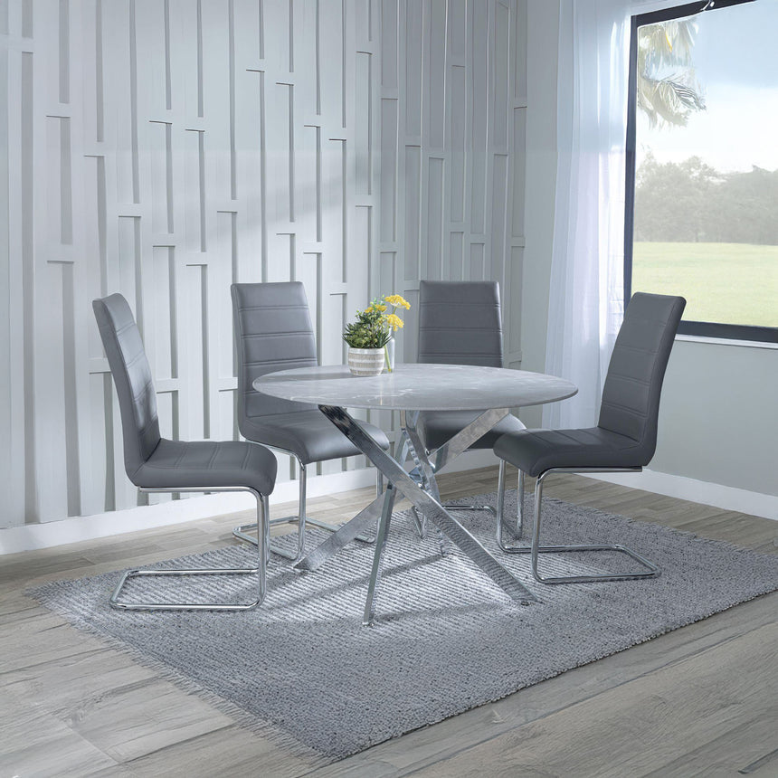 Ashley Grey Glass and Chrome Metal 4 Seater Round Dining Set - Romi Faux Leather Dining Chair