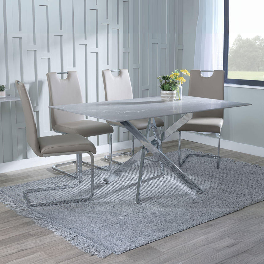 Ashley Grey Glass and Chrome Metal Dining Set - Marsala Faux Leather Dining Chair