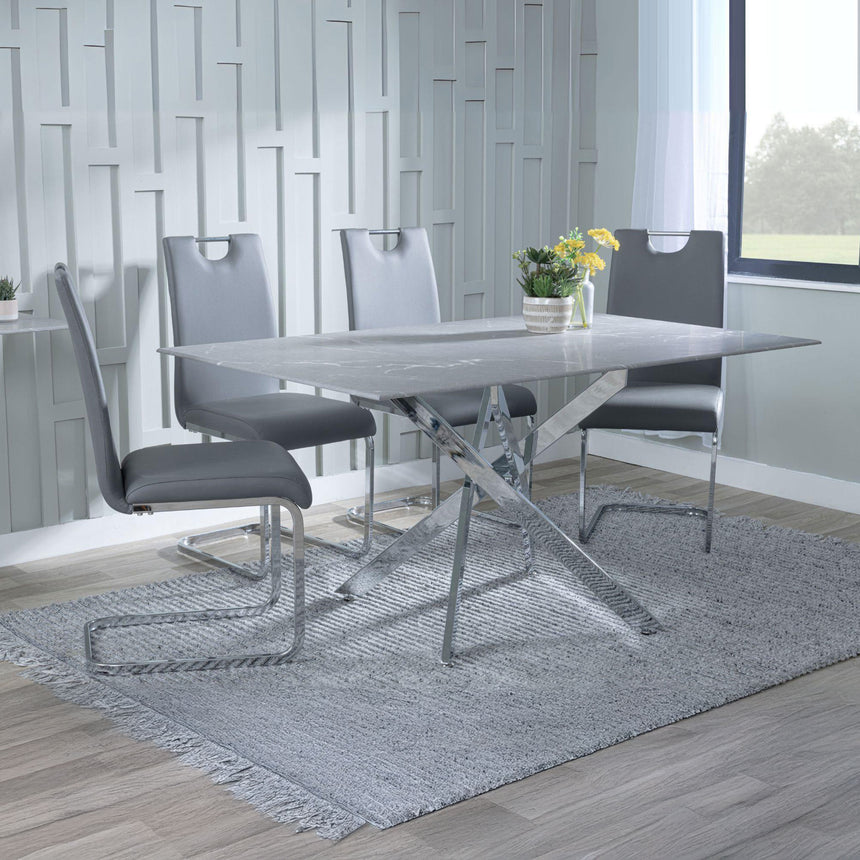 Ashley Grey Glass and Chrome Metal Dining Set - Marsala Faux Leather Dining Chair
