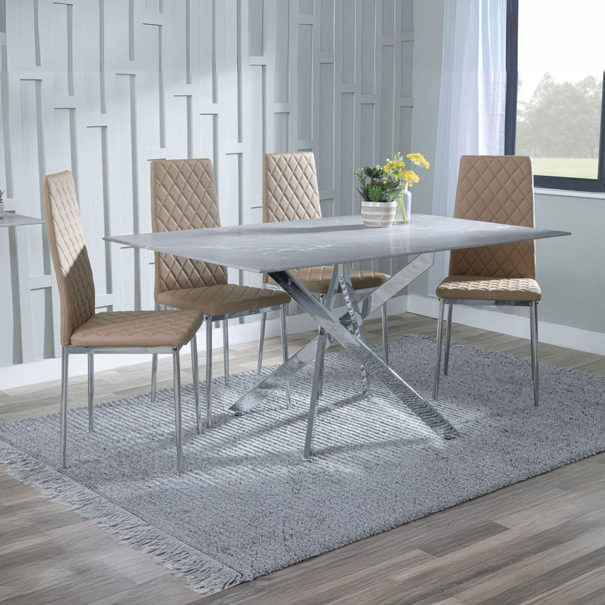 Ashley Grey Glass and Chrome Metal Dining Set - Novato Leather Dining Chair with Chrome Legs