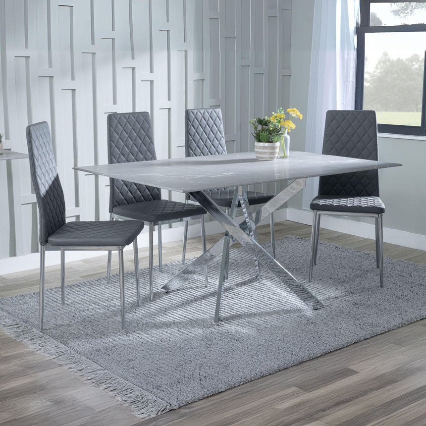 Ashley Grey Glass and Chrome Metal Dining Set - Novato Leather Dining Chair with Chrome Legs