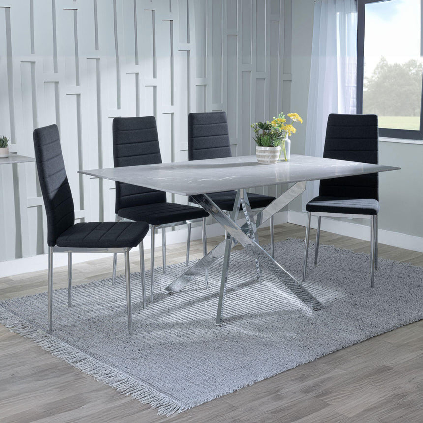 Ashley Grey Glass and Chrome Metal Dining Set - Rovigo Fabric Dining Chair with Chrome Legs