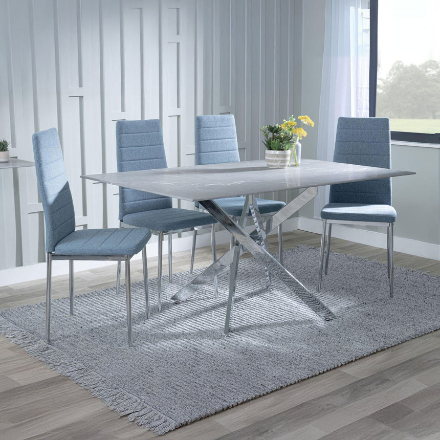 Ashley Grey Glass and Chrome Metal Dining Set - Rovigo Fabric Dining Chair with Chrome Legs