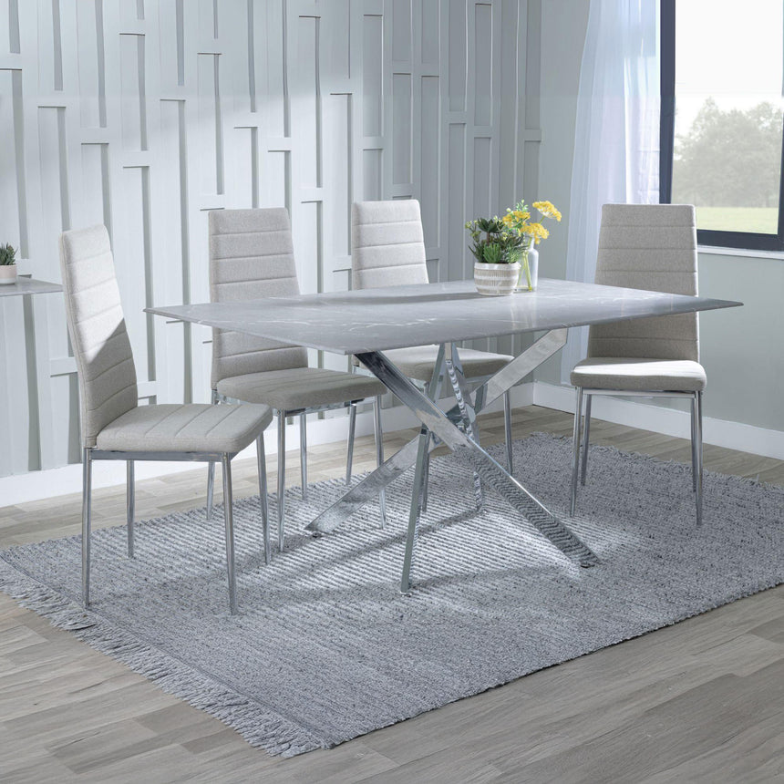 Ashley Grey Glass and Chrome Metal Dining Set - Rovigo Fabric Dining Chair with Chrome Legs