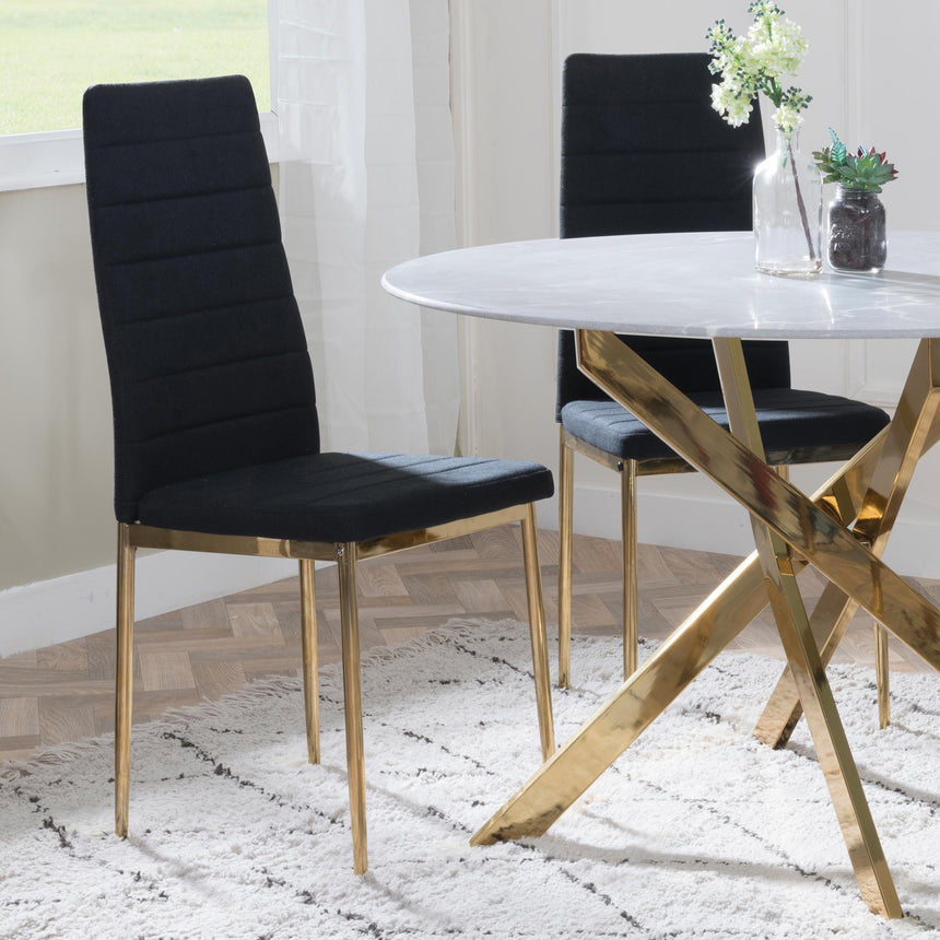 Ashley Grey Glass and Gold Metal 4 Seater Round Dining Set - 4 Rovigo Black Fabric Dining Chairs